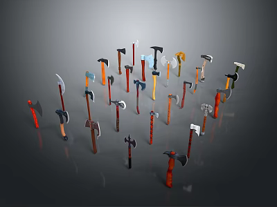 Various Axes With Colorful Handles And Diverse Designs Arranged On Dark Background 3d model