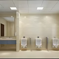 Public Restroom Interior With Modern Partitions Sinks Mirrors Tiled Walls And Bright Lighting