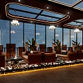 Modern Elegant Cafe Interior Design With Glass Skylight Decorative Wall And Chandeliers