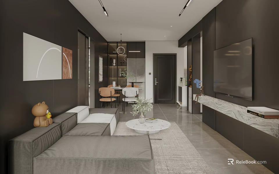 Modern Living Dining Room Design With Grey Sofa Round Coffee Table And Marble TV Stand 3d model 