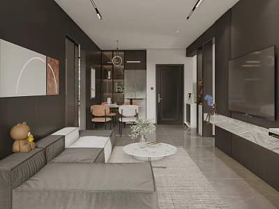 Modern Living Dining Room Design With Grey Sofa Round Coffee Table And Marble TV Stand 3d model