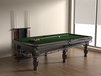 Entertainment Billiard Table with Green Tabletop Cue Balls and Wooden Floor in Room 3d model
