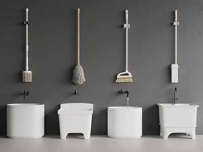 Wall Mounted White Mop And Bucket Sets With Different Styles On Gray Wall 3d model