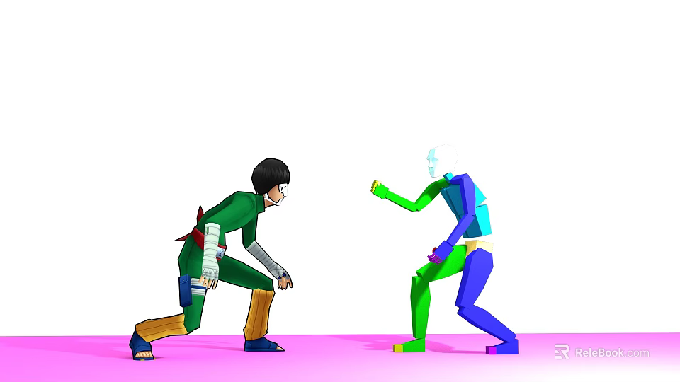 Game Movie Characters in Green Outfit Black Hair Confronting Vibrant Colored Character in Battle Stance 3d model 