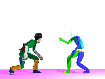 Game Movie Characters in Green Outfit Black Hair Confronting Vibrant Colored Character in Battle Stance 3d model