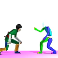 Game Movie Characters in Green Outfit Black Hair Confronting Vibrant Colored Character in Battle Stance