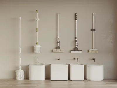 Organized Bathroom Cleaning Tools With Wall Mounted Brushes And White Sinks 3d model