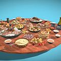 Assorted Delicious Foods on Round Wooden Table with Meats Fruits Pastries Sauces and Golden Teapot
