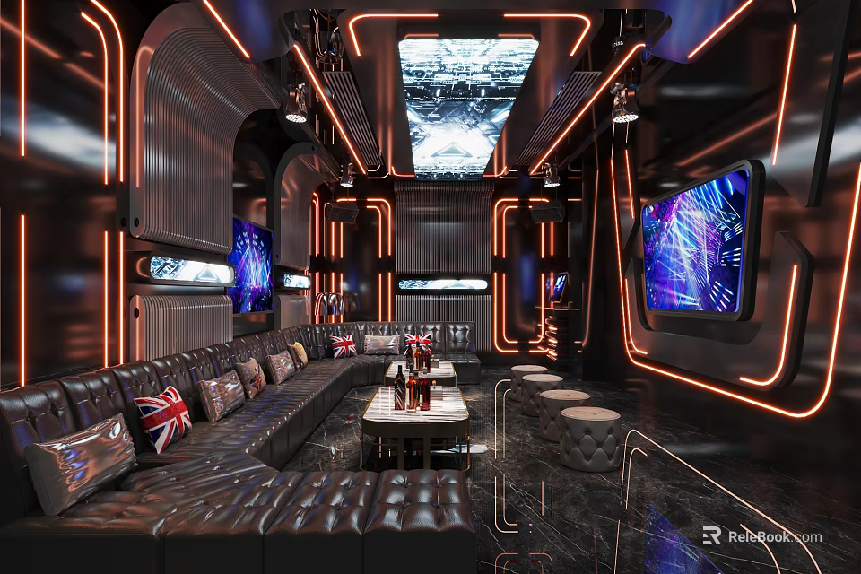 Modern KTV Interior Design With Neon Lighting Black Leather Sofas And Large Screens 3d model 