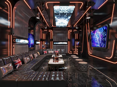 Modern KTV Interior Design With Neon Lighting Black Leather Sofas And Large Screens 3d model