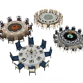 Round Dining Table Sets with Various Colored Chairs and Decorative Table Settings 3d model