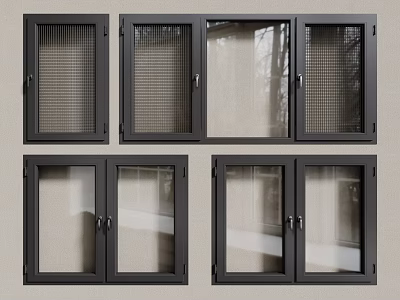 Modern Black Frame Casement Windows With Aluminum Screen And Double Sash Design 3d model