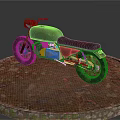 Vintage Silver Motorcycle With Rusty Tires On Round Stone Platform Surrounded By Pebbles And Moss
