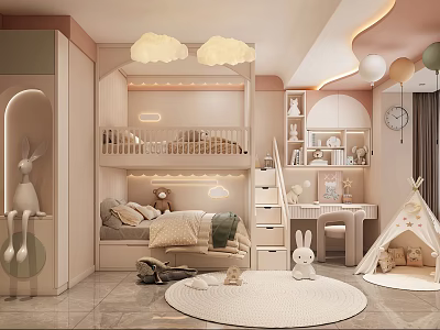 Cozy Children's Room Interior With Bunk Bed Cloud Shaped Lamps Rabbit Plush And Teepee Tent 3d model