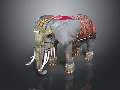 Decorated War Elephant With Red Blanket Golden Armor And Long Tusks 3d model
