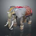 Decorated War Elephant With Red Blanket Golden Armor And Long Tusks