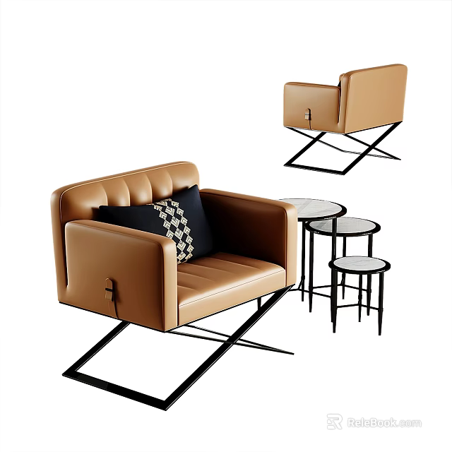 Modern Brown Leather Single Sofa With Geometric Pattern Pillow And Small Round Tables 3d model