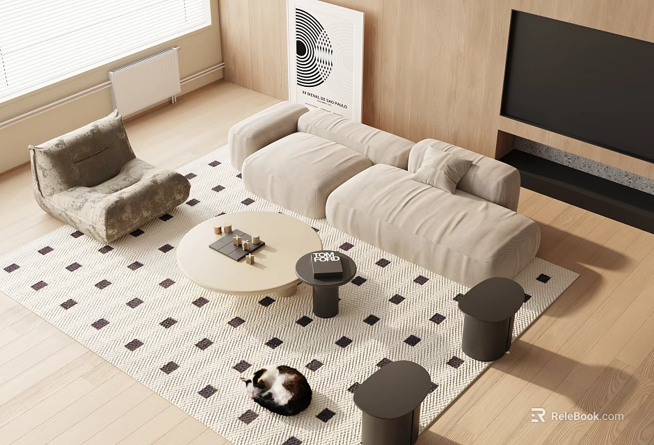 Modern Sofa Coffee Table Combination With Round Table Stools And Checkered Rug Interior 3d model 