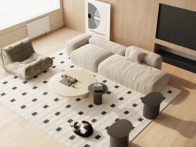 Modern Sofa Coffee Table Combination With Round Table Stools And Checkered Rug Interior 3d model