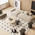 Modern Sofa Coffee Table Combination With Round Table Stools And Checkered Rug Interior 3d model