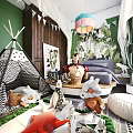 Playful Kids Room Interior With Teepee Tent Stuffed Animals And Colorful Pendant Light
