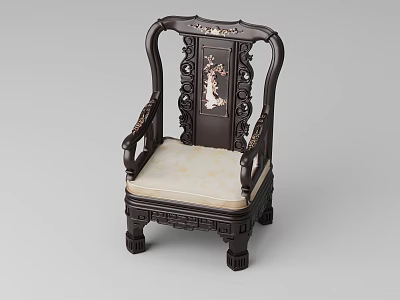 Traditional Chinese Single Chair With Dark Wood Carved Frame And Light Beige Cushion 3d model
