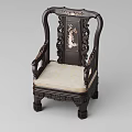 Traditional Chinese Single Chair With Dark Wood Carved Frame And Light Beige Cushion