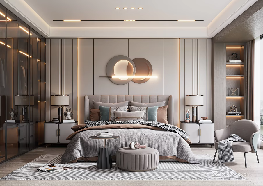 Modern Elegant Bedroom Interior With Round Decorative Lights Gray Bedding Nightstands Rug Chair And Bookshelf 3d model 