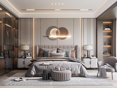 Modern Elegant Bedroom Interior With Round Decorative Lights Gray Bedding Nightstands Rug Chair And Bookshelf 3d model