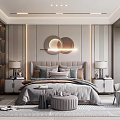 Modern Elegant Bedroom Interior With Round Decorative Lights Gray Bedding Nightstands Rug Chair And Bookshelf
