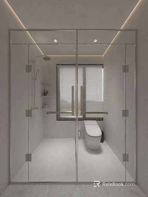 Modern Bathroom Interior With Glass Shower Enclosure Toilet Window Blinds And Recessed Lighting 3d model 