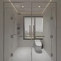 Modern Bathroom Interior With Glass Shower Enclosure Toilet Window Blinds And Recessed Lighting