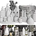 Elegant Modern Daily Cleaning Essentials With Bottles Towels Candles Tray And Potted Plants