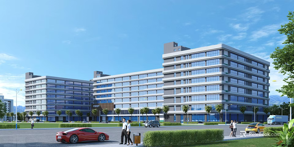 Modern Industrial Factory Exterior Design With Multi storey Structure Glass Windows Greenery And Pedestrians 3d model 
