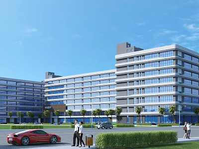 Modern Industrial Factory Exterior Design With Multi storey Structure Glass Windows Greenery And Pedestrians 3d model