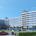 Modern Industrial Factory Exterior Design With Multi storey Structure Glass Windows Greenery And Pedestrians