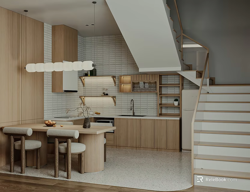 Contemporary Restaurant Interior Design Featuring Wooden Dining Table Chairs Staircase And Pendant Lights 3d model 