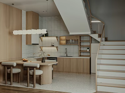 Contemporary Restaurant Interior Design Featuring Wooden Dining Table Chairs Staircase And Pendant Lights 3d model