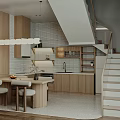 Contemporary Restaurant Interior Design Featuring Wooden Dining Table Chairs Staircase And Pendant Lights