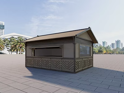 Outdoor Wooden Kiosk Style Milk Tea Shop With Plaza Palm Trees And City Skyline 3d model