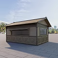 Outdoor Wooden Kiosk Style Milk Tea Shop With Plaza Palm Trees And City Skyline