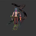 Horned Fantasy Creature Character With Flame Ribbons Holding Lantern Staff And Red Pants