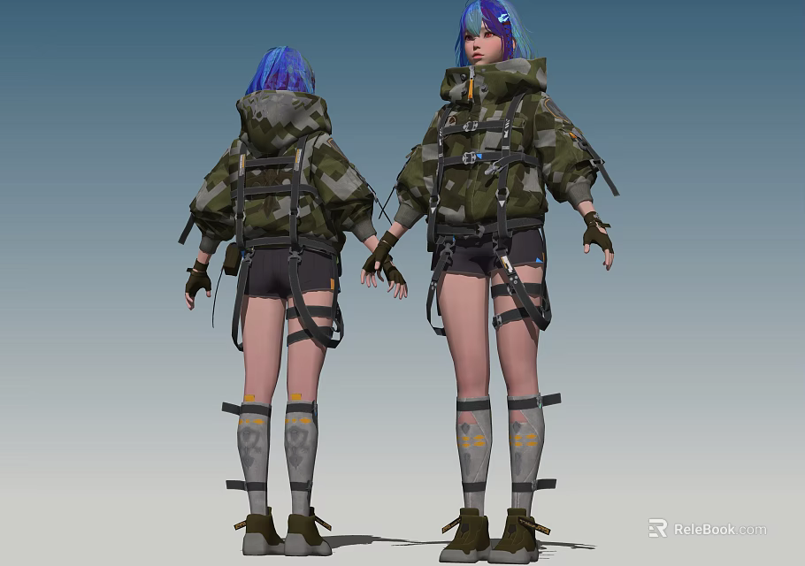 Woman with blue hair in camouflage outfit wearing backpack shorts and boots 3d model 
