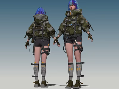 Woman with blue hair in camouflage outfit wearing backpack shorts and boots 3d model