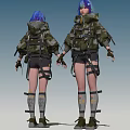 Woman with blue hair in camouflage outfit wearing backpack shorts and boots