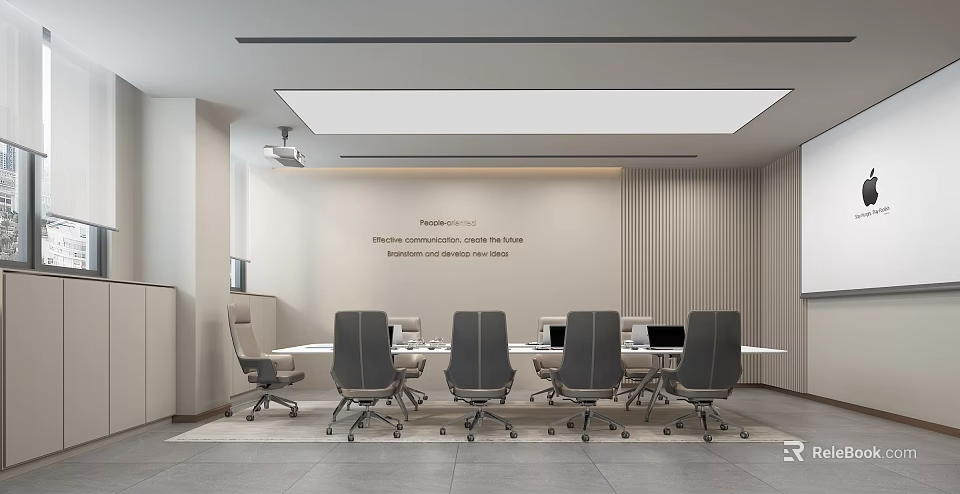 Modern Conference Room Interior With Long Table Black Chairs White Walls And Projection Equipment 3d model 