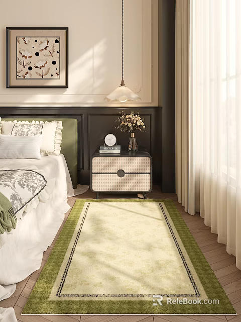 Beige Square Rug With Green Border in Bedroom With Bed Nightstand Lamp And Curtains 3d model 