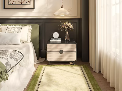 Beige Square Rug With Green Border in Bedroom With Bed Nightstand Lamp And Curtains 3d model