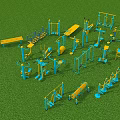 Vibrant Garden Decor Featuring Blue Yellow Fitness Equipment on Green Lawn