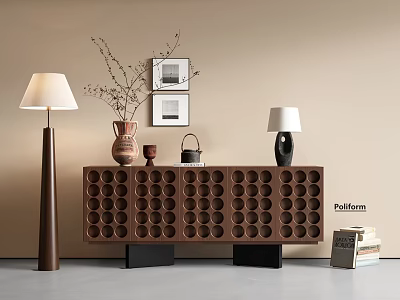 Brown Entryway Cabinet Sideboard With Circular Hole Design Floor Lamp Vase And Wall Paintings 3d model